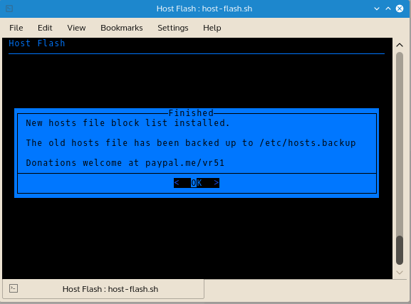 This message shows when Host Flash has completed. It explains where the back up hosts file can be found in case you need to restore it manually.