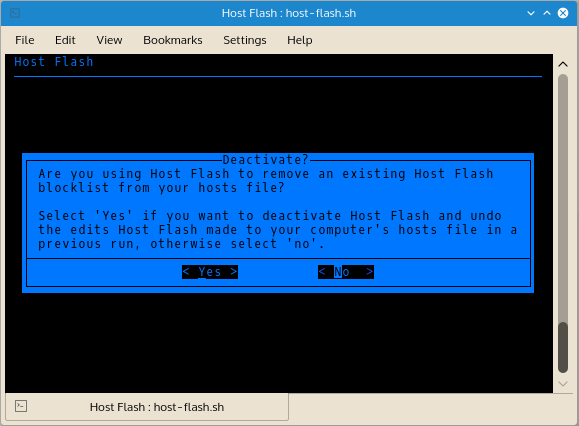 Host Flash detects whether it has been used before by the system. This check is based on the presence of the hosts file backup. Host Flash can remove the hosts file block list it installed into a hosts file without need to restore the original hosts file.