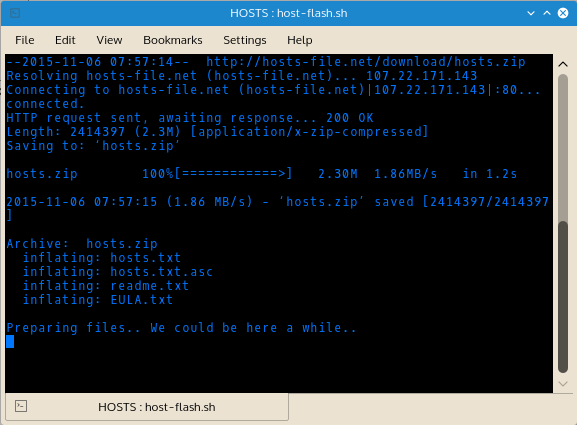 Host Flash indicates its activity as it executes. If there is a problem with Host Flash, run the program manually (sh host-flash.sh) instead of clicking the host-flash.sh to launch the program. This will give you opportunity to diagnose where it is getting stuck.