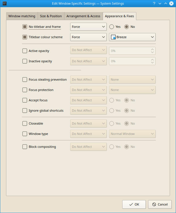 KDE Window Rules Window Specific Settings Screenshot