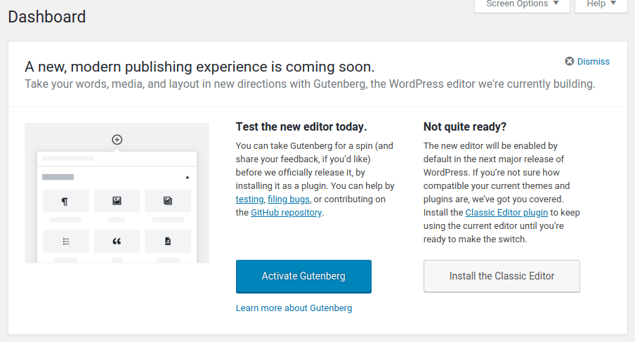 Try Gutenberg Editor WordPress 4.9.8 Admin Notice